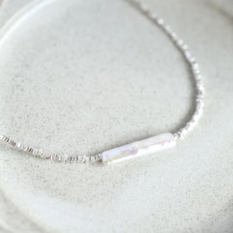 オリジナル スティックパールとカレンシルバーのネックレス　アジャスター付き　6月誕生石