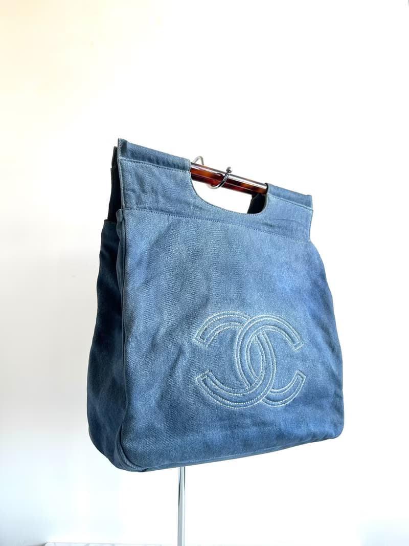 稀有日本中古二手Chanel天藍色牛仔布玳瑁手柄托特包手提包手挽袋