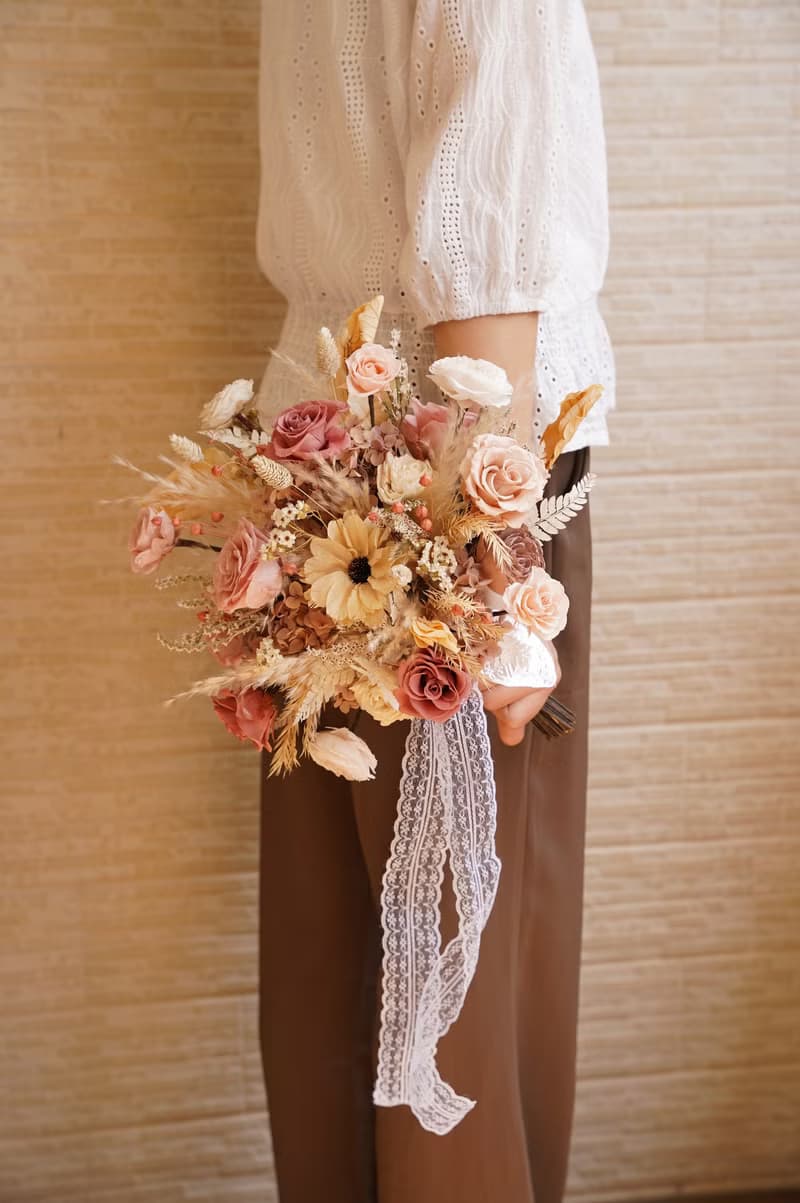 【竒植花物】復古浪漫粉永生乾燥捧花 求婚花束 情人節 新娘捧花