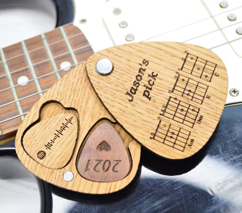 Personalized two guitar picks in holder, Wooden custom guitar pick