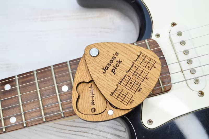 Personalized two guitar picks in holder, Wooden custom guitar pick