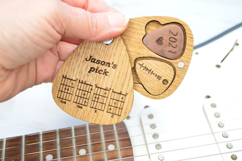 Personalized two guitar picks in holder, Wooden custom guitar pick