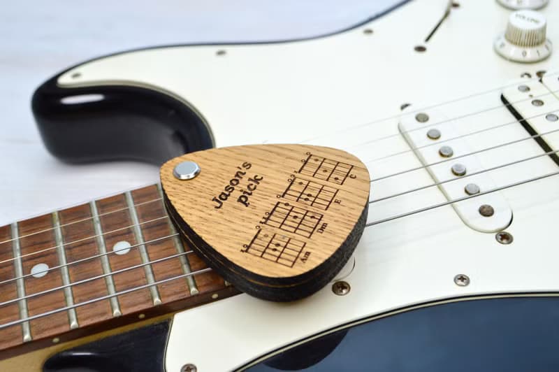 Personalized two guitar picks in holder, Wooden custom guitar pick
