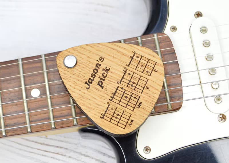 Personalized two guitar picks in holder, Wooden custom guitar pick