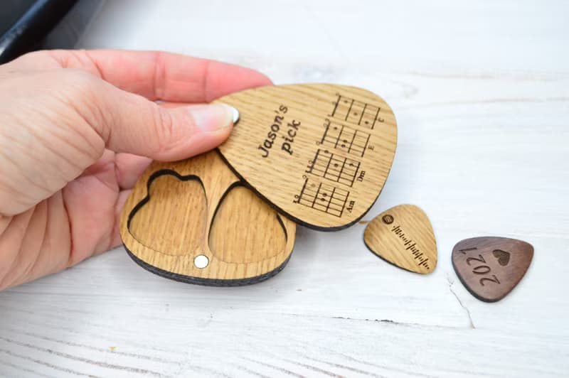 Personalized two guitar picks in holder, Wooden custom guitar pick