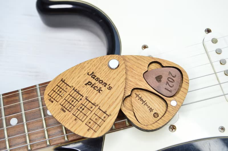 Personalized two guitar picks in holder, Wooden custom guitar pick