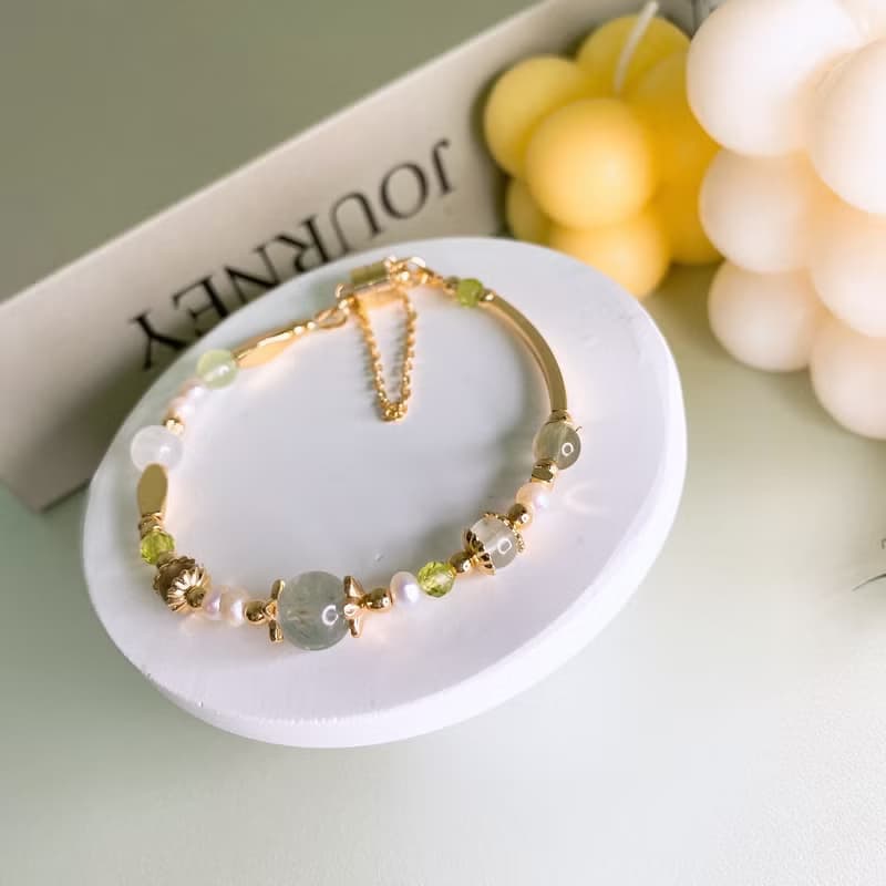 茉莉 綠柱石 綠髮晶 天然珍珠 葡萄石 橄欖石 磁吸扣水晶手鍊手環