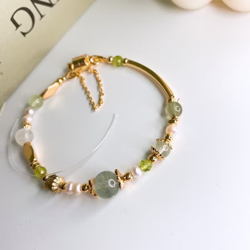 茉莉 綠柱石 綠髮晶 天然珍珠 葡萄石 橄欖石 磁吸扣水晶手鍊手環