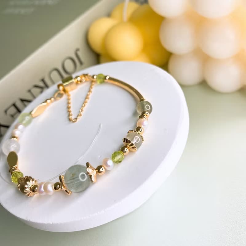 茉莉 綠柱石 綠髮晶 天然珍珠 葡萄石 橄欖石 磁吸扣水晶手鍊手環