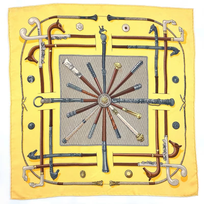 【日本直送 中古美品】エルメス HERMES カレ 45 プチカレ スカーフ CANNES & POMMEAUX ステッキ柄 正方形 シルク100% イエロー