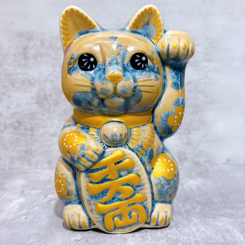【映梅藏富】清水燒招財貓 | 花結晶 灰青 - 体花 千万両