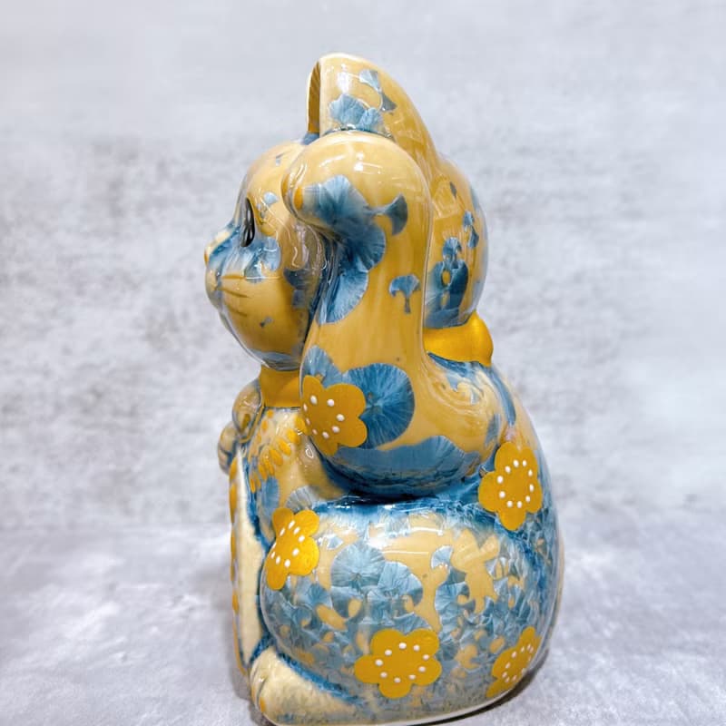 【映梅藏富】清水燒招財貓 | 花結晶 灰青 - 体花 千万両