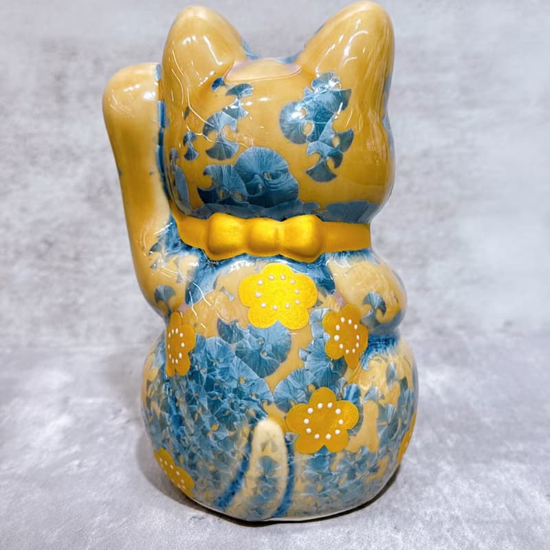【映梅藏富】清水燒招財貓 | 花結晶 灰青 - 体花 千万両