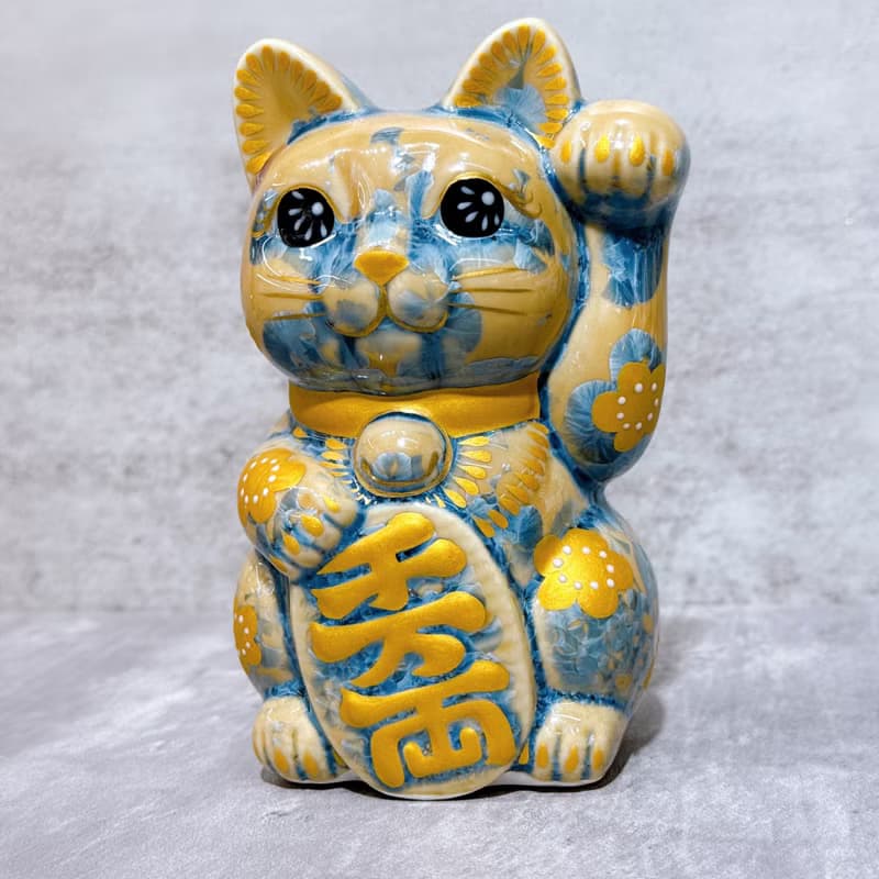 【映梅藏富】清水燒招財貓 | 花結晶 灰青 - 体花 千万両