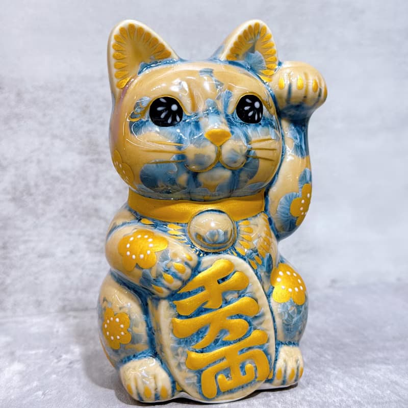 【映梅藏富】清水燒招財貓 | 花結晶 灰青 - 体花 千万両