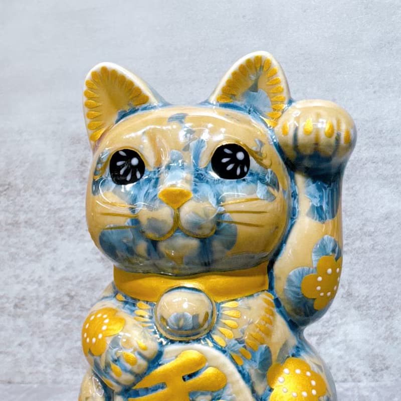 【映梅藏富】清水燒招財貓 | 花結晶 灰青 - 体花 千万両