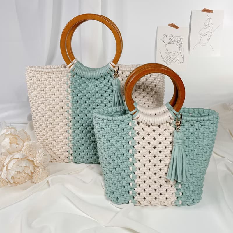 Macrame 木質提把 編織 手提包 附流蘇鑰匙圈 編織包
