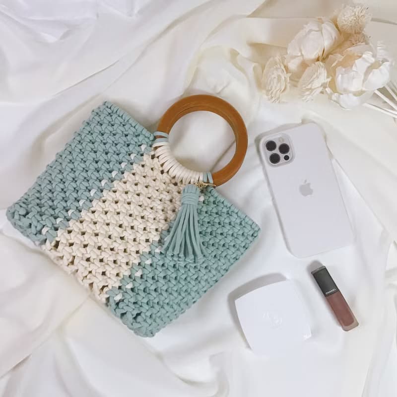 Macrame 木質提把 編織 手提包 附流蘇鑰匙圈 編織包
