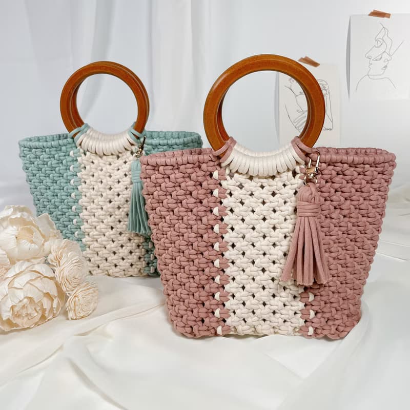 Macrame 木質提把 編織 手提包 附流蘇鑰匙圈 編織包