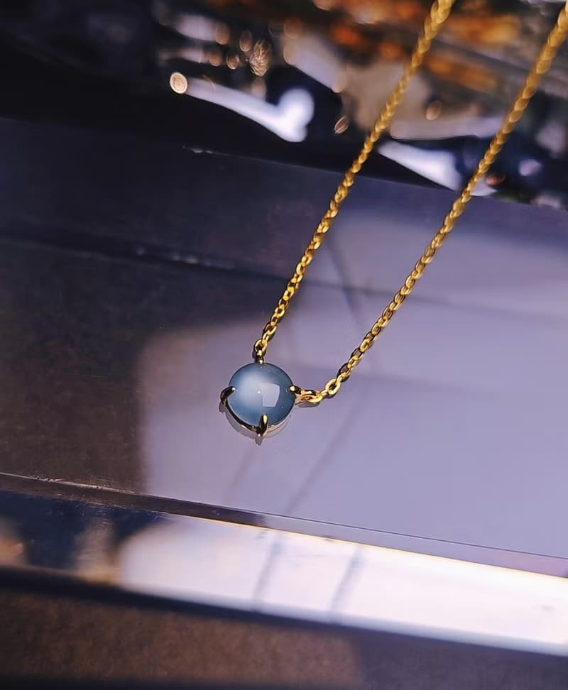 財水|仙氣簡約藍剛|A貨翡翠高冰玻藍剛蛋面s925純銀項鍊