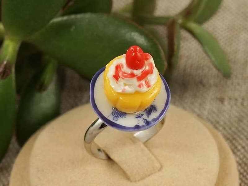 Strawberry Cupcake Cake Porcelain Plate Food Miniature Adjustable Ring Jewelry