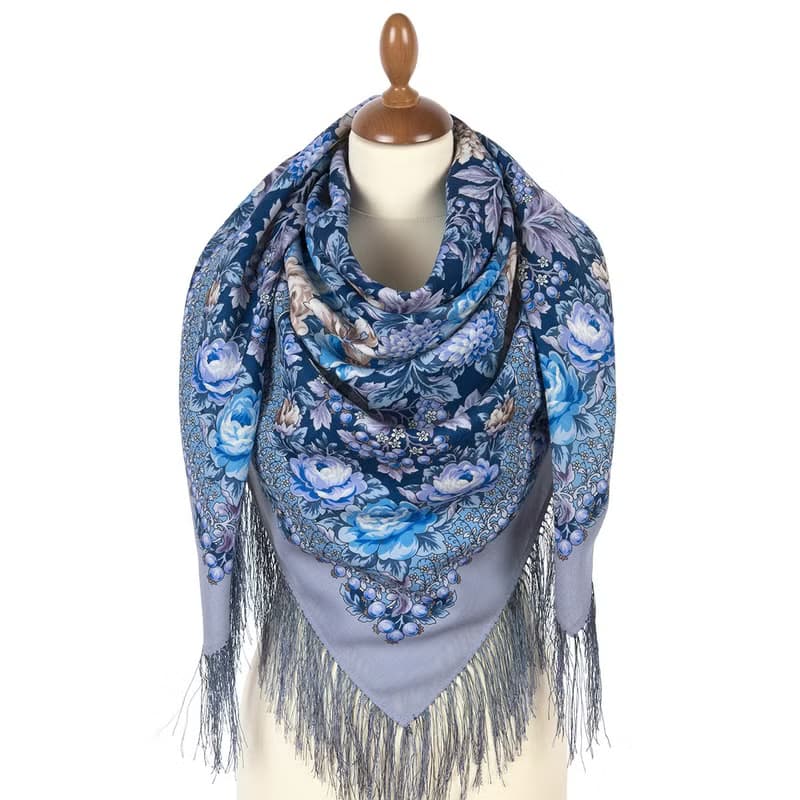 Pavlovo Posad Russian Shawl 100% Wool Scarf 125x125 cm Wrap Silk Fringe 2082-1