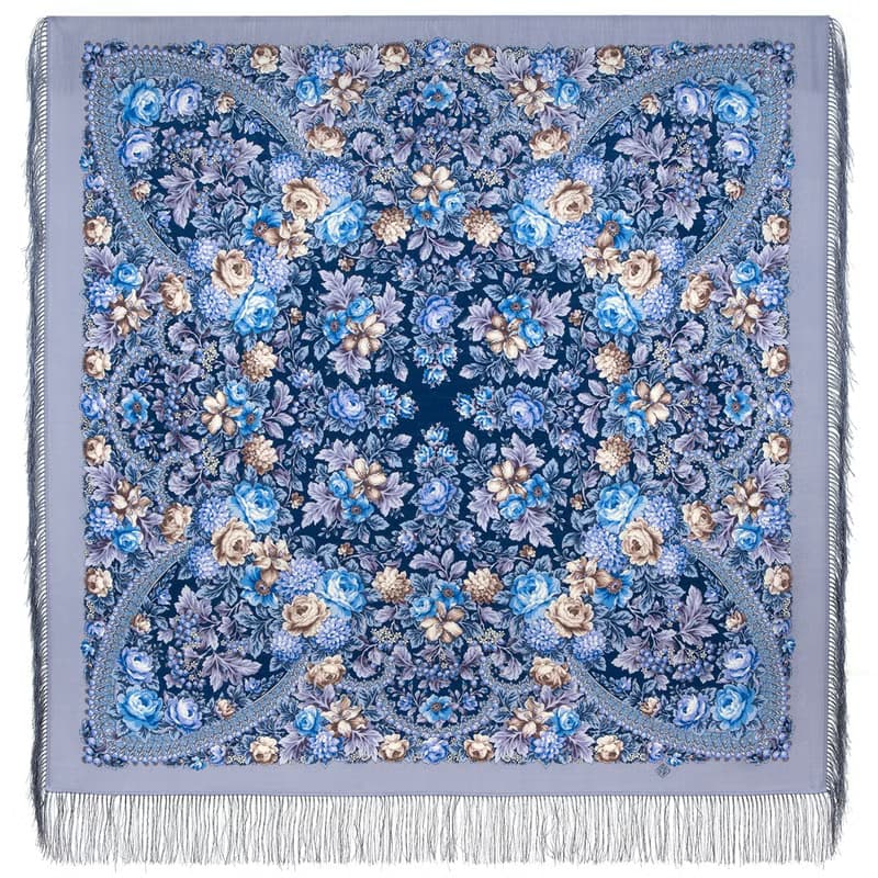 Pavlovo Posad Russian Shawl 100% Wool Scarf 125x125 cm Wrap Silk Fringe 2082-1