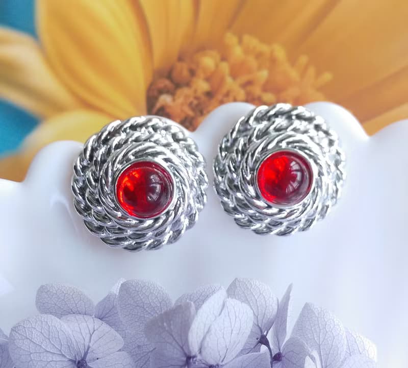 Vintage Jewelry 西洋古董飾品 銀色調 紅 針式耳環