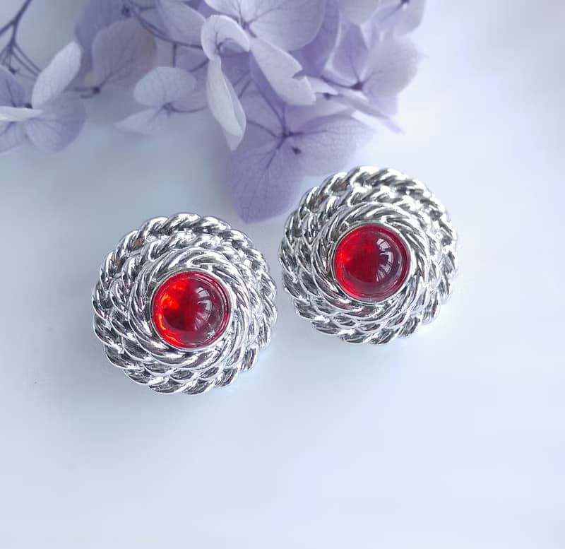 Vintage Jewelry 西洋古董飾品 銀色調 紅 針式耳環