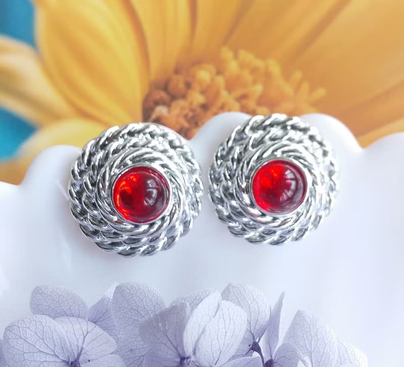 Vintage Jewelry 西洋古董飾品 銀色調 紅 針式耳環
