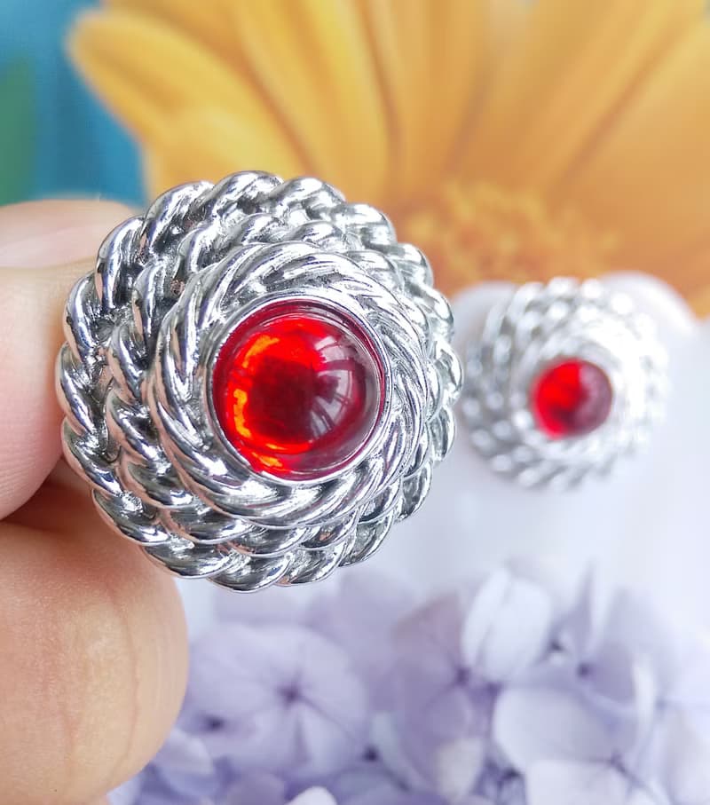 Vintage Jewelry 西洋古董飾品 銀色調 紅 針式耳環