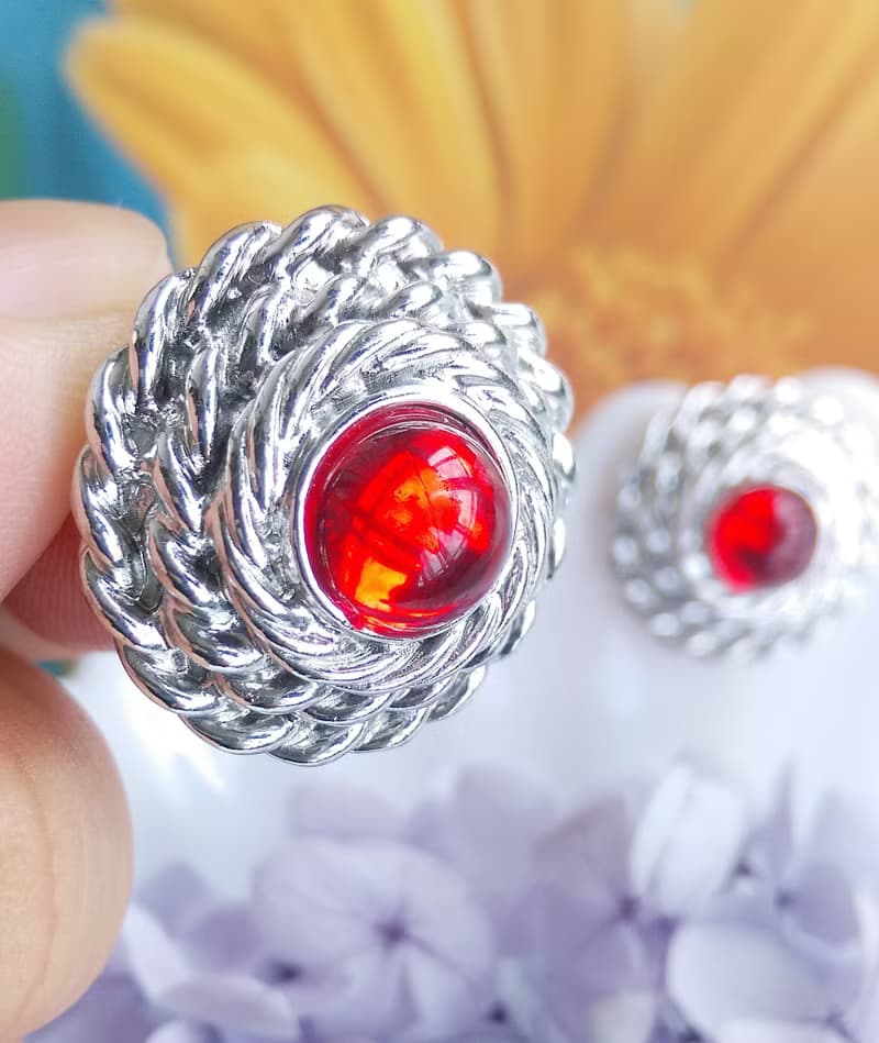 Vintage Jewelry 西洋古董飾品 銀色調 紅 針式耳環