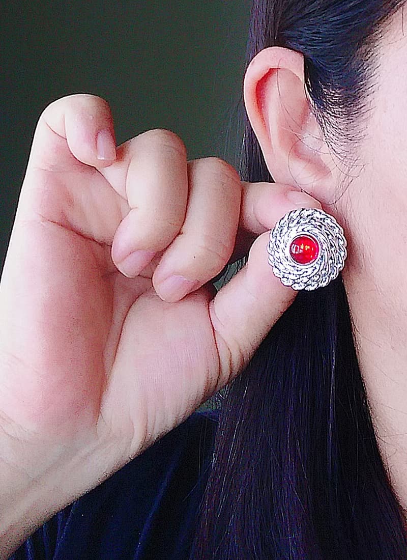 Vintage Jewelry 西洋古董飾品 銀色調 紅 針式耳環