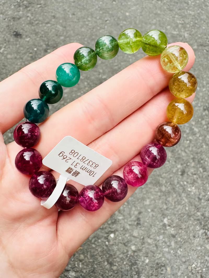 精品天然濃色大珠碧璽10mm31.26g經典色系帶湖水藍碧漸層粉色碧璽