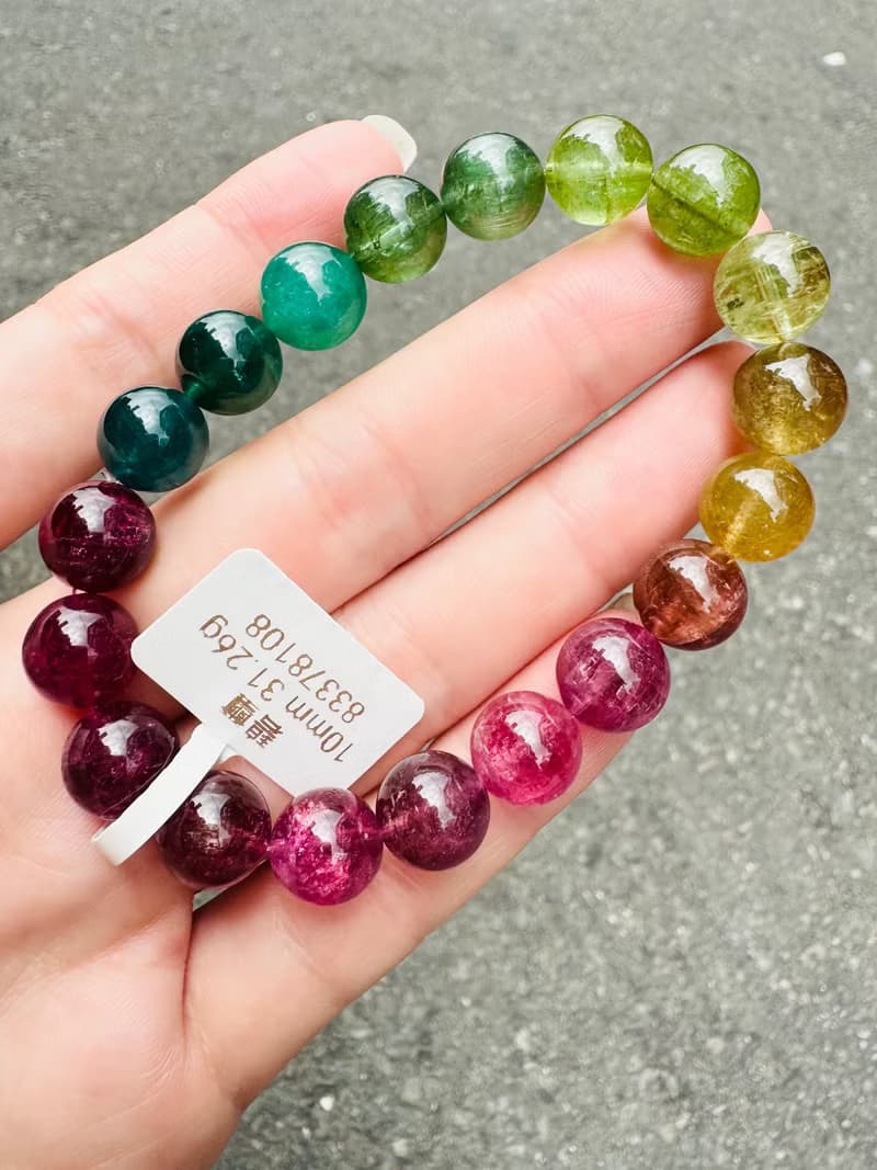 精品天然濃色大珠碧璽10mm31.26g經典色系帶湖水藍碧漸層粉色碧璽