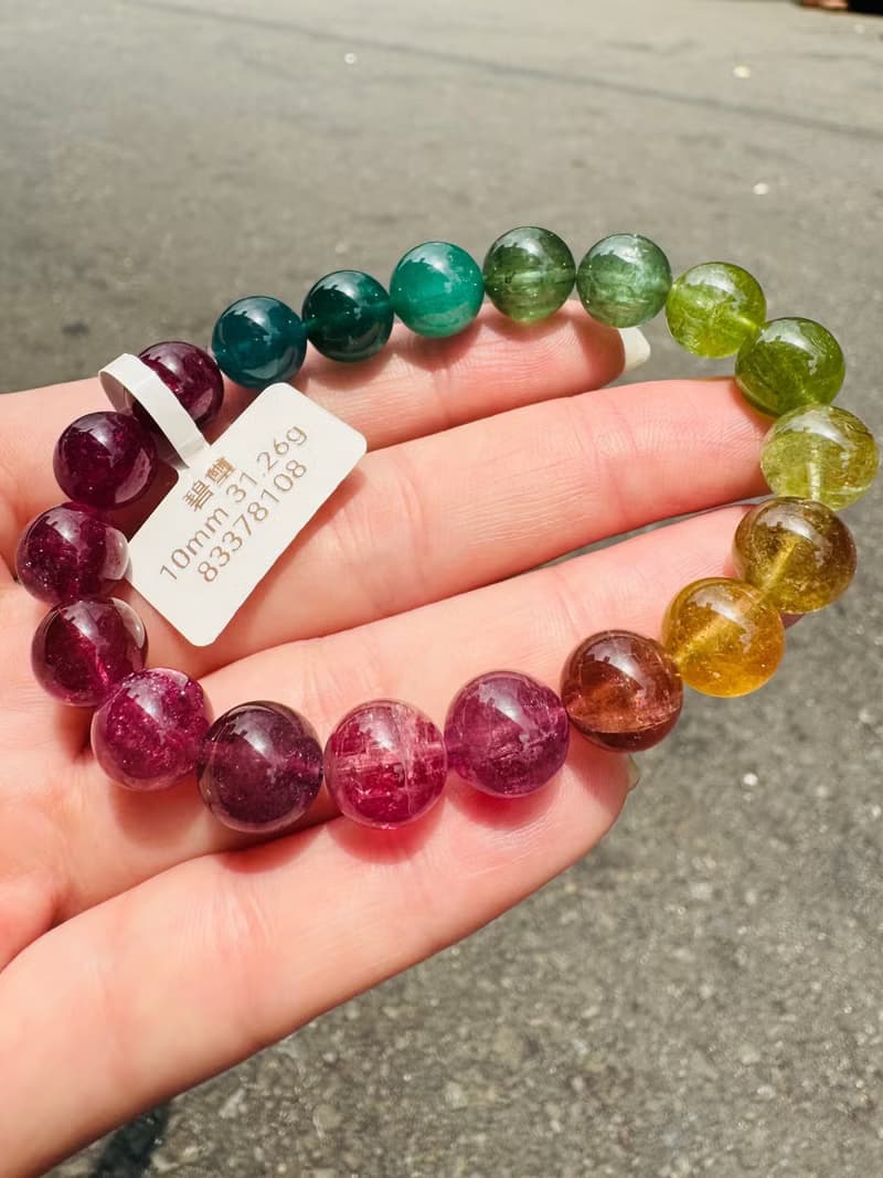 精品天然濃色大珠碧璽10mm31.26g經典色系帶湖水藍碧漸層粉色碧璽