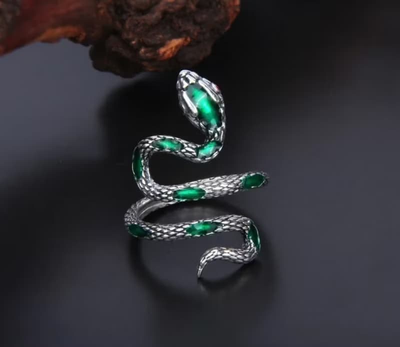 Enamel Green Snake Rings for Women Wide Exaggerated Rings 925 Sterling Silver