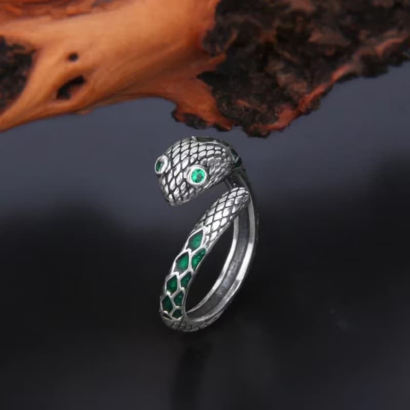 Enamel Green Snake Rings for Women Wide Exaggerated Rings 925 Sterling Silver