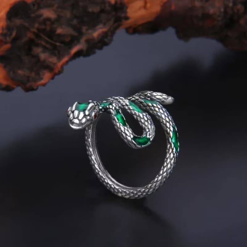 Enamel Green Snake Rings for Women Wide Exaggerated Rings 925 Sterling Silver