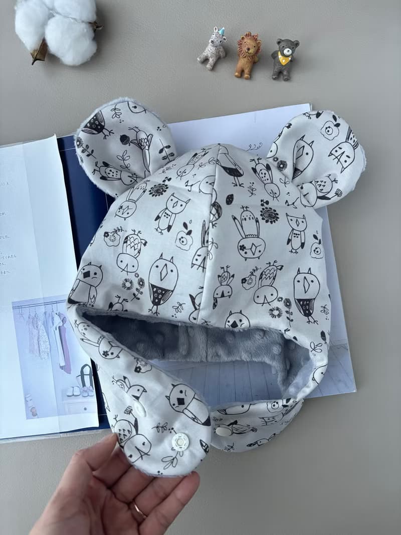 寶寶保暖遮耳帽 塗鴉小鳥 彌月禮 幼兒保暖帽