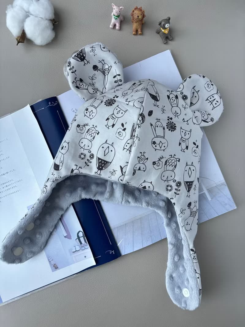 寶寶保暖遮耳帽 塗鴉小鳥 彌月禮 幼兒保暖帽