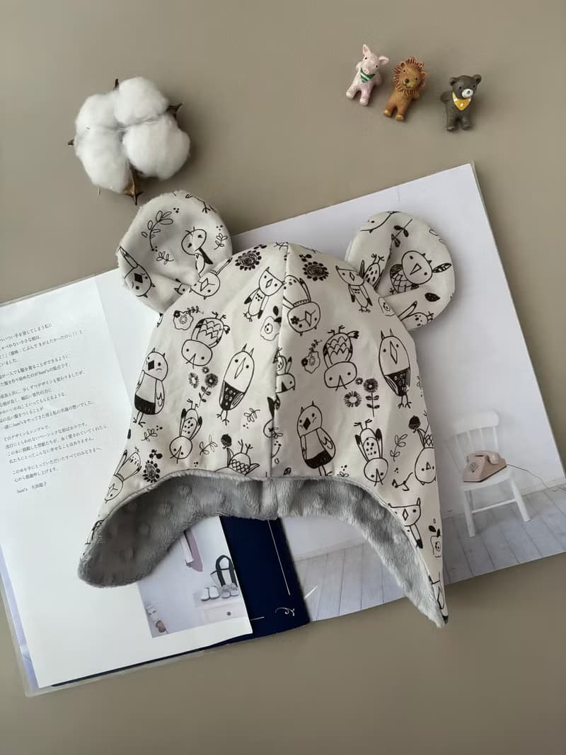 寶寶保暖遮耳帽 塗鴉小鳥 彌月禮 幼兒保暖帽