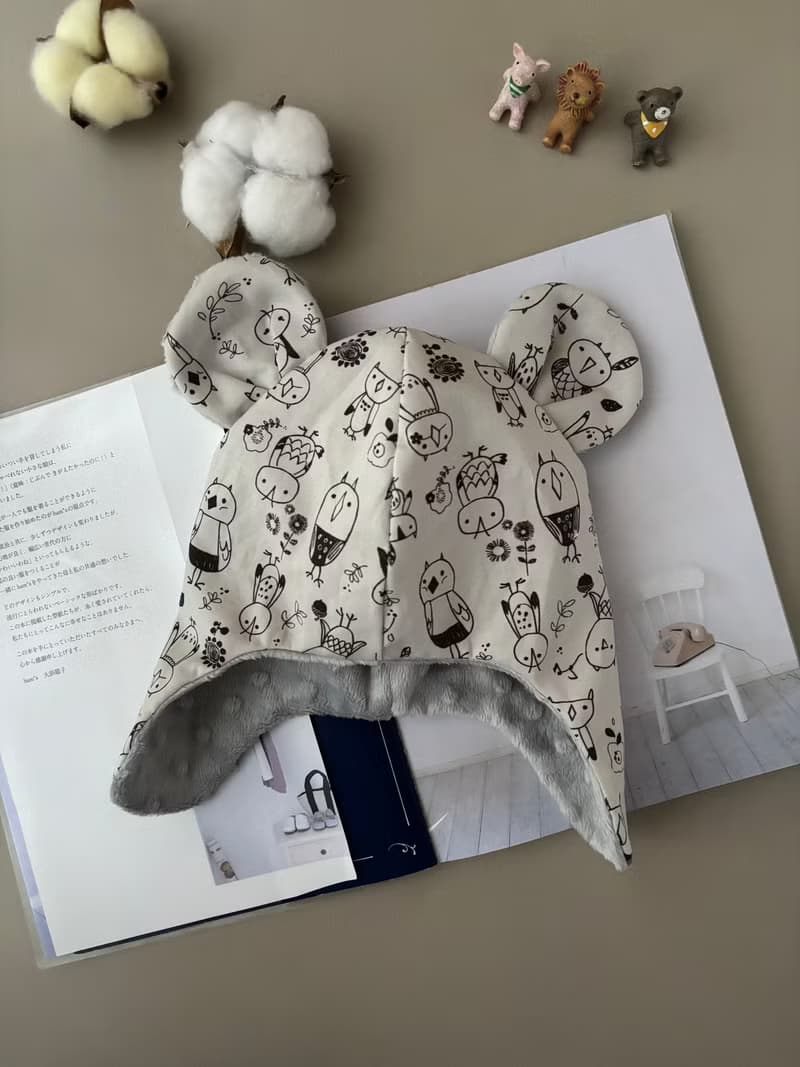寶寶保暖遮耳帽 塗鴉小鳥 彌月禮 幼兒保暖帽