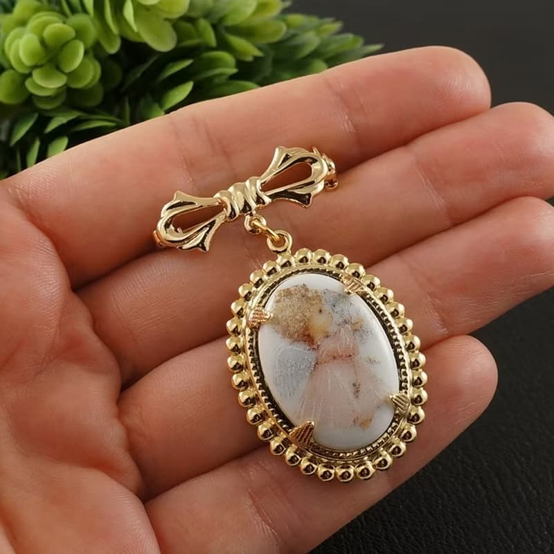 Pink White Angel Porcelain Cameo Golden Bow Brooch Pin Girl Woman Jewelry Gift