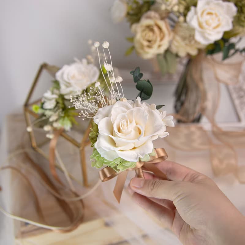 【美式清新】新娘捧花 白綠色 乾燥花 永生花 / 結婚胸花 手腕花