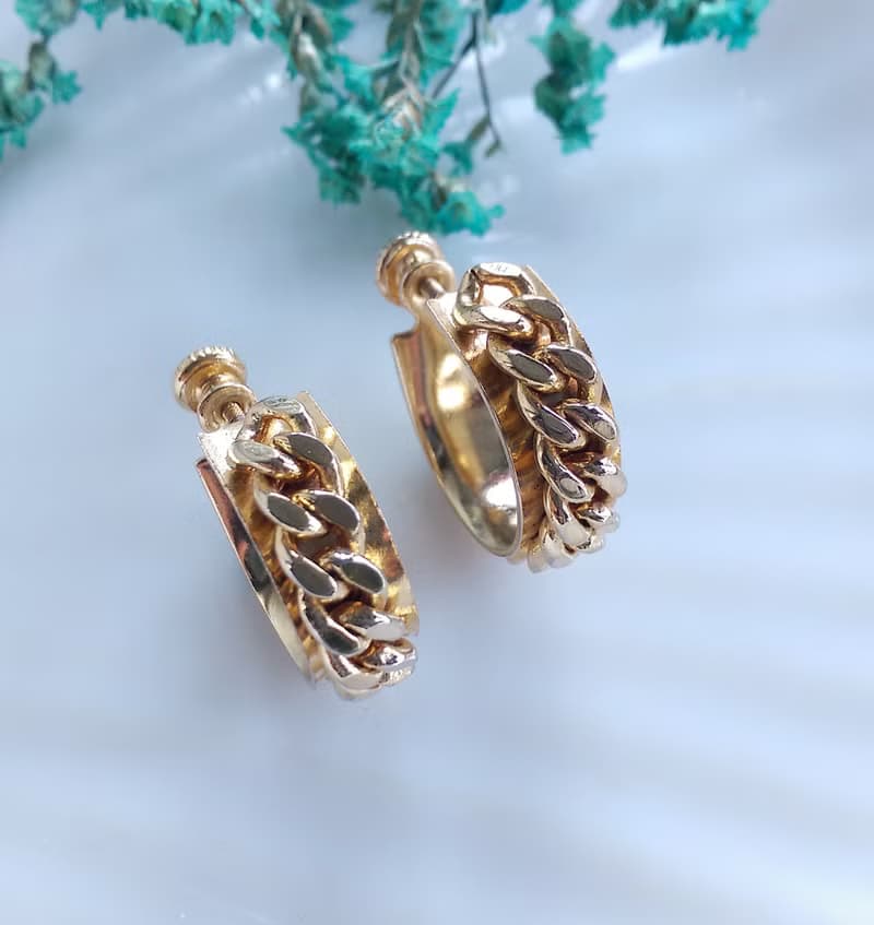 Vintage Jewelry 西洋古董飾品 金色調 鍊條C圈 栓式耳環