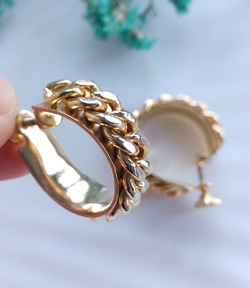 Vintage Jewelry 西洋古董飾品 金色調 鍊條C圈 栓式耳環
