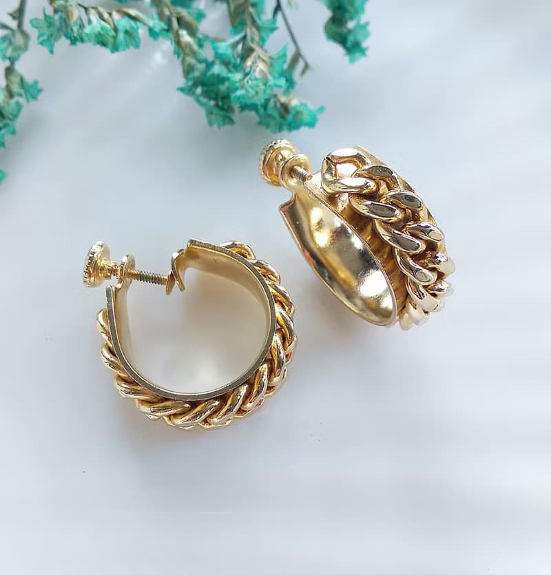 Vintage Jewelry 西洋古董飾品 金色調 鍊條C圈 栓式耳環