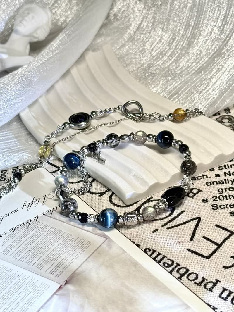 靛夜星空水晶手鍊 - 醫療鋼/黑碧璽/灰月光/鷹眼石/黑髮晶