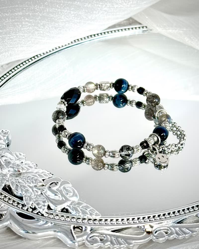 靛夜星空水晶手鍊 - 醫療鋼/黑碧璽/灰月光/鷹眼石/黑髮晶